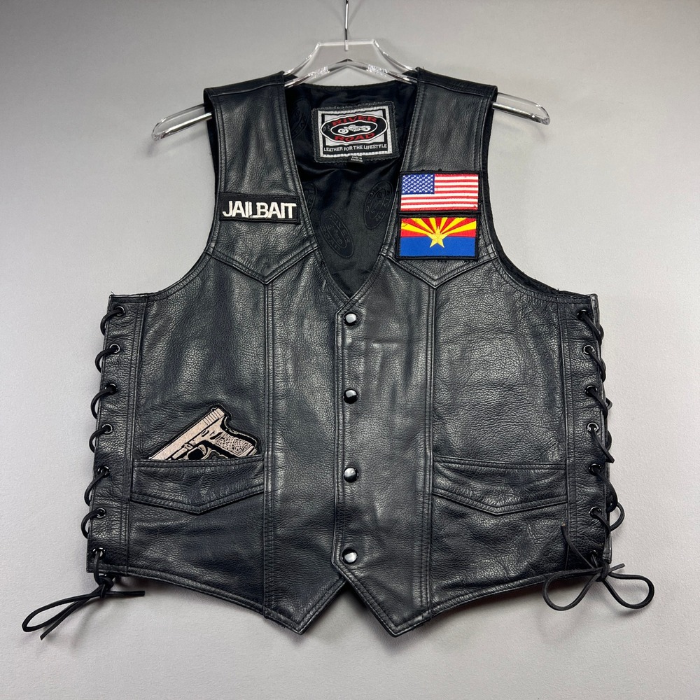 River Road Motorcycle Vest Mens 42 Black Leather American Flag Patch Snap Front